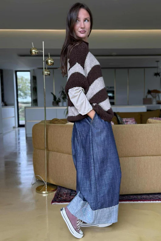  Big Softie Block Stripe Cap Sleeve Knit Top Chocolate Mocha /15=